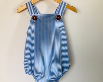 Pale Blue Striped Romper//Baby boy romper, Blue and white romper, Fully lined romper, Toddler romper, Handmade romper