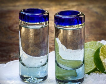 Schnapsglas 2er Set Caballitos blau , Mundgeblasen, Gläser für Likor und Schnaps, aus Mexiko