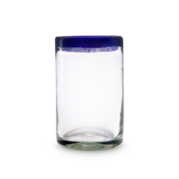 Mundgeblasenes Glas mit blauem Rand 450ml aus Mexiko, Longdrinkglas, Trinkglas mexikanisch