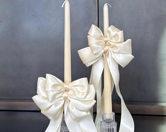 Satin Bow Taper Candles for Event Centerpieces and Tablescapes – Set of 2 Candlesticks - Wedding Candles, Bridal Shower Decor
