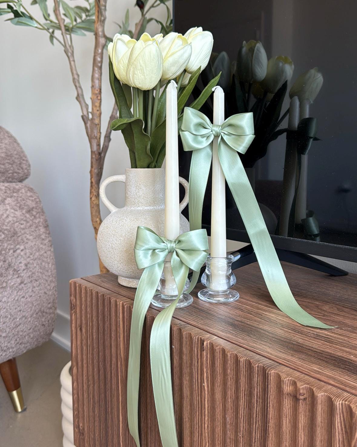 Single Bow Taper Candles – Satin Ribbon Candles for Easter, Mother's Day, Spring-Themed Events, Sage and Pastel Ribbons