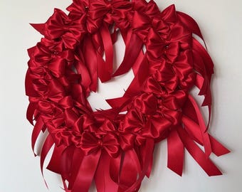 Satin Bow Christmas Wreath: Red, Green, Ivory, Event and Holiday Decor