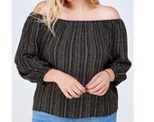 CLEARANCE FINAL SALE Women 39 s plus size black and white striped off shoulder long sleeve long top shirt, plus size black and white blouse