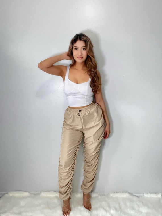 Pantalones cargo streetwear beige para mujer, pantalón fruncido