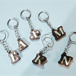 Può includere: Sei portachiavi in legno con catene e anelli color argento. Ogni portachiavi presenta una lettera diversa in un colore chiaro su uno sfondo in legno scuro. Le lettere sono E, A, X, M, K e N.