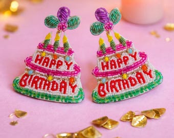 Beaded Birthday Cake Statement Earrings, Colorful Party Jewelry