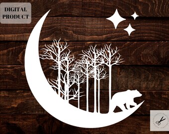 Moon Forest svg, Crescent moon forest svg, Moon clipart, Nature svg, Bear silhoutte svg - Cricut Cutfile