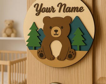 Bear Woodland Baby Name Sign SVG | Layered Bear Nursery Wall Decor | Digital Laser Cut File | Cricut Ready | Kids Room Sign