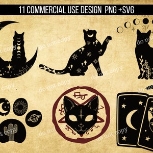 K&ouml;nnte beinhalten: Ein Set mit 11 digitalen Designs mit schwarzen Katzen, Monden, Sternen und anderen himmlischen Elementen. Die Designs sind perfekt f&uuml;r die Erstellung von Kunsthandwerk, Kleidung und anderen Projekten.