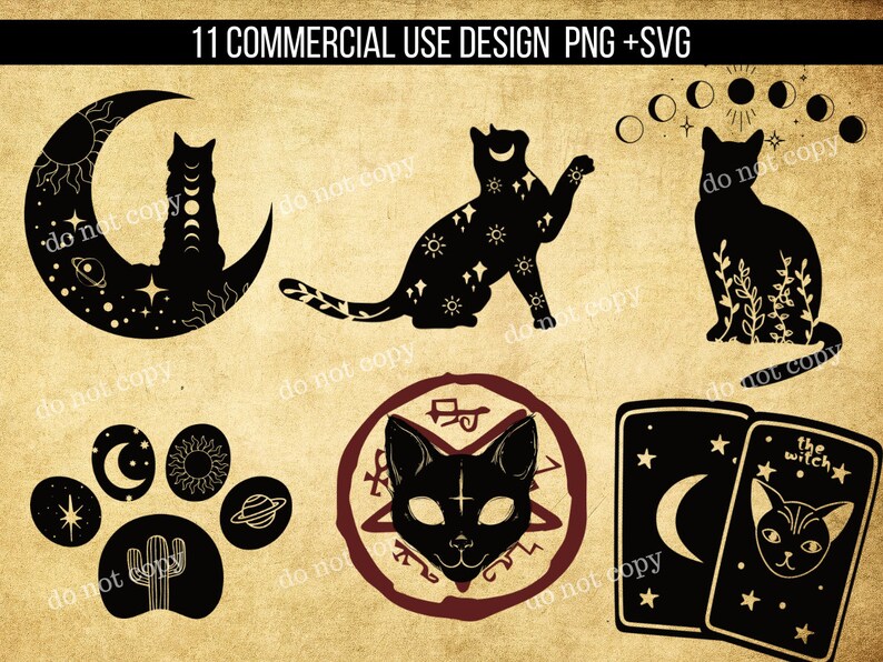 K&ouml;nnte beinhalten: Ein Set mit 11 digitalen Designs mit schwarzen Katzen, Monden, Sternen und anderen himmlischen Elementen. Die Designs sind perfekt f&uuml;r die Erstellung von Kunsthandwerk, Kleidung und anderen Projekten.