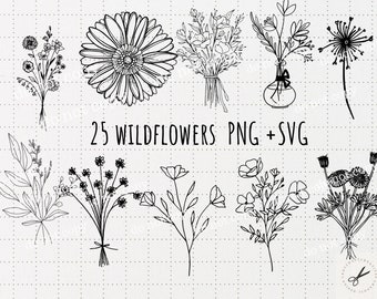Fiore di campo in formato SVG, bouquet di fiori di campo in formato SVG, Semplice fiore di campo in formato SVG / 25 disegni / PNG / Cricut SVG Bundle