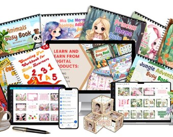 Puede incluir: Una colección de libros de actividades imprimibles coloridos para niños pequeños. Los libros presentan temas como animales, princesas, aventuras en la jungla y contar. La imagen también incluye un libro de actividades digital en una pantalla de computadora, una tableta y un teléfono inteligente.