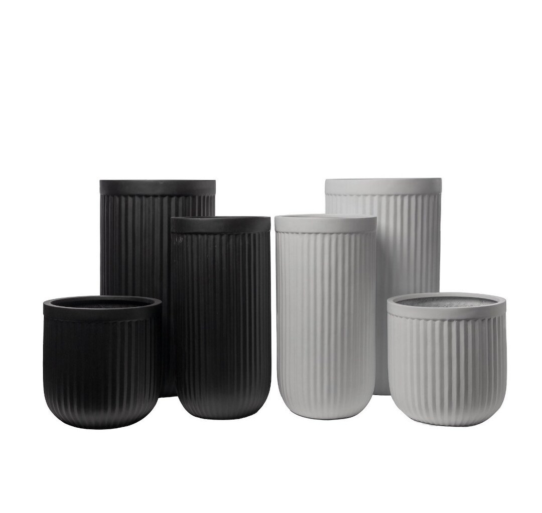 Black or White Nordic Fluted Modern Planters, Fiberstone Planters, Modern, Modern Rippled
