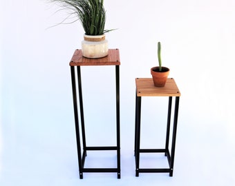 Modern Wood and Aluminum Tall Plant Stand, Mid Century Pedestal Holder