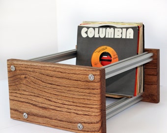 Vinyl 45 RPM Crate, Solid Wood and  Silver Aluminum, Three sizes, 13 wood/stain options