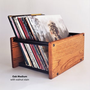 Vinyl Record Holder Crate, Solid Wood and  Black Metal Alloy, Three sizes, 13 wood/stain options