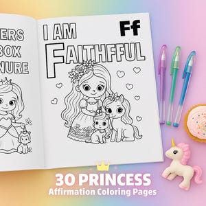 Livro de colorir com afirmações da princesa ABC para crianças – 30 palavras positivas de A a Z, amor-próprio e confiança – download digital para meninas – crianças pequenas