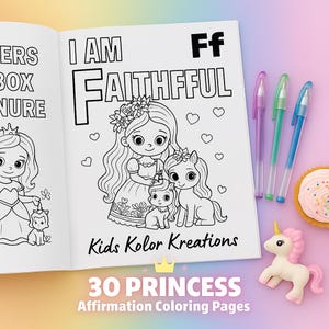 Libro para colorear de princesas del abecedario para niños: 30 palabras positivas de la A a la Z, amor propio y confianza. Descarga digital para niñas y niños pequeños.