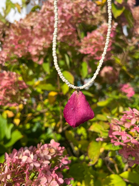 Cream-colored necklace with a real rose petal as a pendant handmade unique golden details