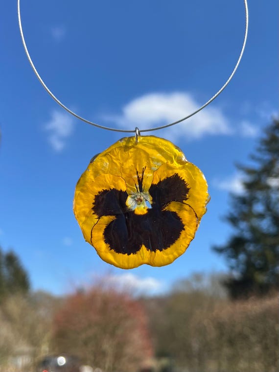 Necklace pendant made from a real petal of a yellow pansy real flower silver details unique one-of-a-kind