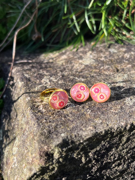 Jewelry Set Made of Resin Gold Pink Glitter Grapefruit