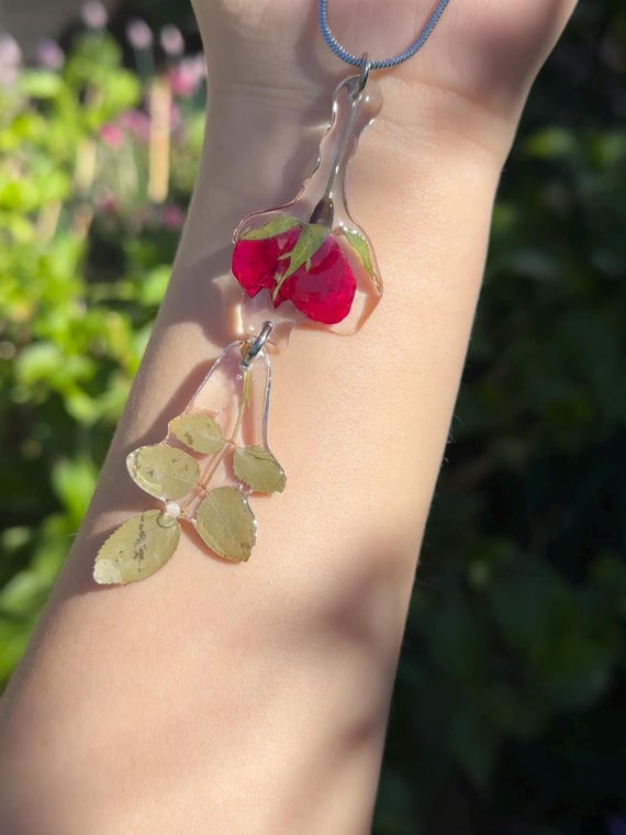 Necklace pendant made of a real red rose with real rose petals Jewelry made of real flowers naturally