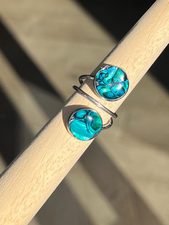 Double ring in silver setting copper blue turquoise shell mother of pearl shimmering handmade