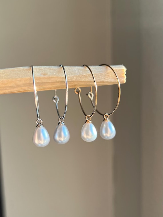 Hoop earrings silver or gold with pearl charm earrings