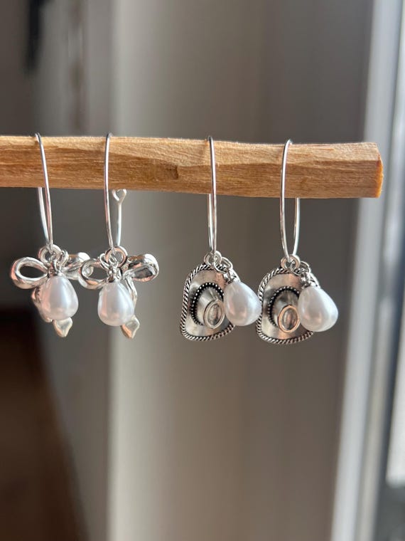 Hoop earrings silver cowgirl hat cowboy bow
