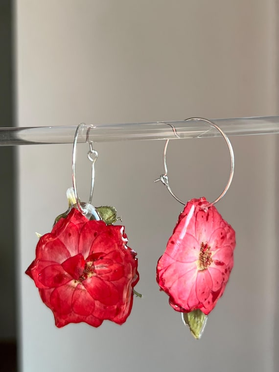 Hoop earrings with real flowers red wood anemones and stem