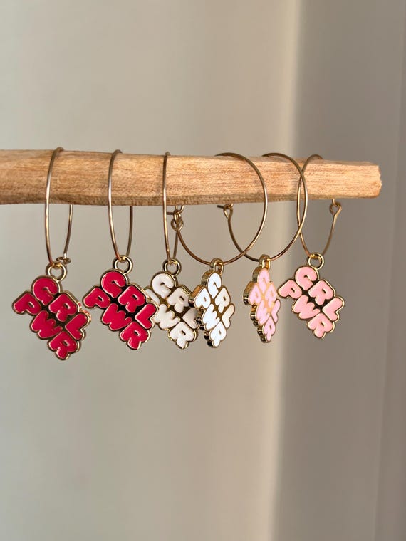 Hoop earrings in gold with charm Girl Power Pink White