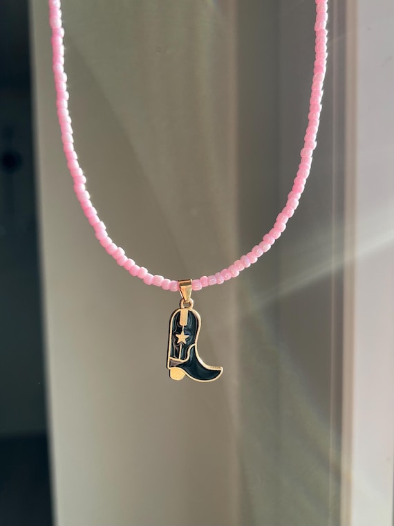 Cowgirl necklace pink pearl necklace with cowboy boot charm in black and rose