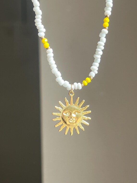 Necklace white and yellow pearls with golden charm sun colorful pearl necklace summer jewelry Mediterranean
