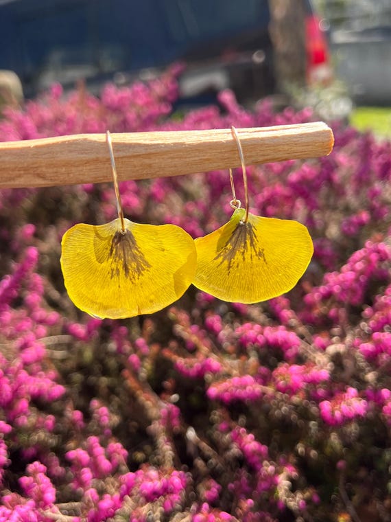 Hoop earrings with real flowers yellow pansies hand-picked blossoms real flower jewelry