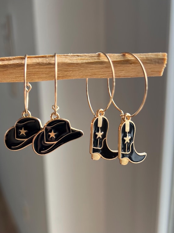 Hoop earrings gold cowgirl hat cowboy boots howdy
