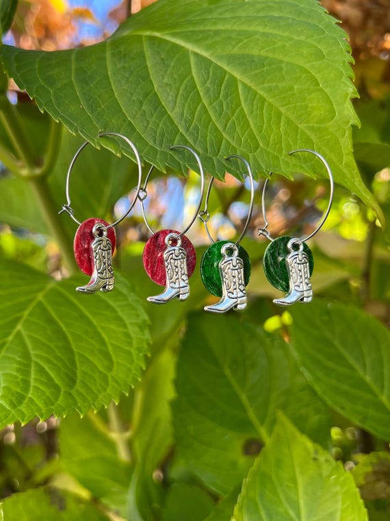 Hoop earrings in silver cowboy green and red cowboy boots