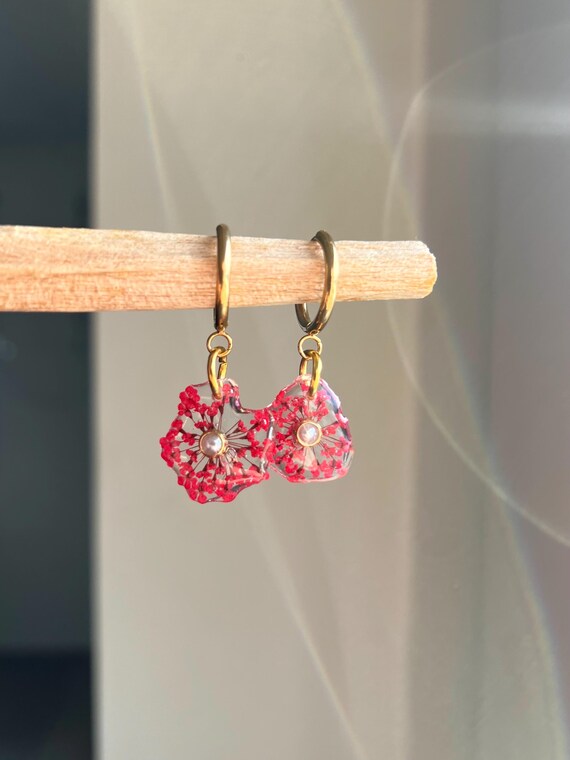 Golden earrings made of stainless steel from real small red flowers with artificial pearls in the middle of the flower real flower jewelry