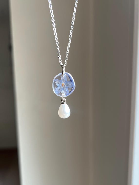 Necklace pendant made of a real purple flower with silver clasp and white pearl real flower jewelry