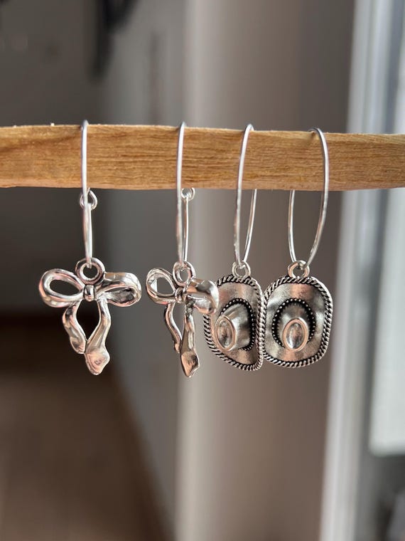 Hoop earrings silver cowgirl hat cowboy bow