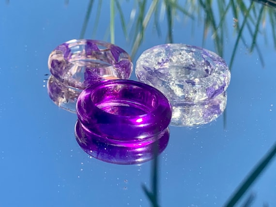 Rings made of resin epoxy resin synthetic resin real flowers purple silver
