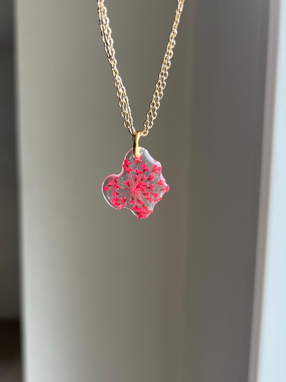 Necklace pendant made of a real red flower with gold clasp real flower jewelry