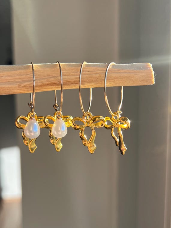 Hoop Earrings Gold Bow Charm with Pearl