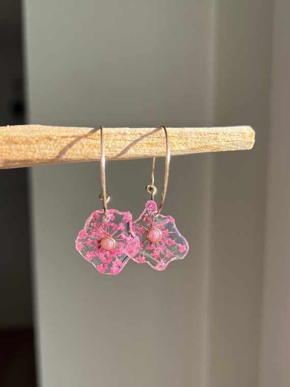 Hoop earrings with real flowers delicate pink flowers real flower jewelry