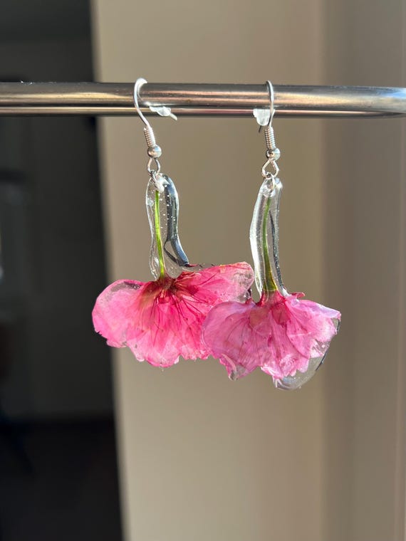 Silver earrings made of real pink cherry blossoms real flower jewelry