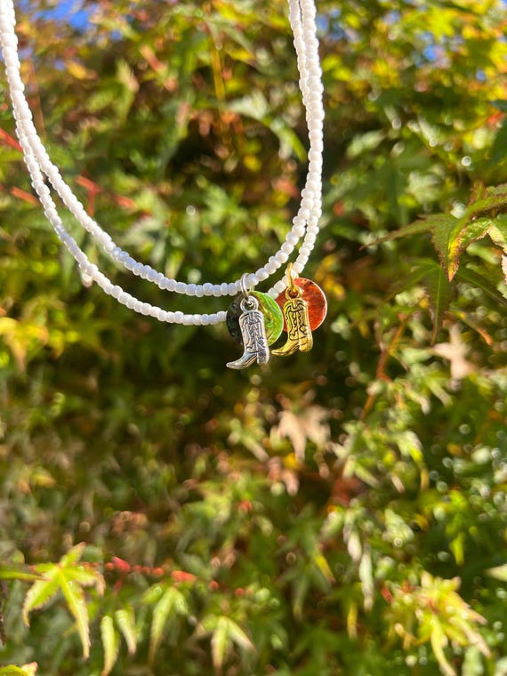 Cowgirl necklace white pearl necklace with cowboy boots