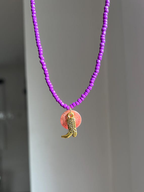 Cowgirl necklace purple pearl necklace with golden cowboy boot and pink shell detail summer jewelry