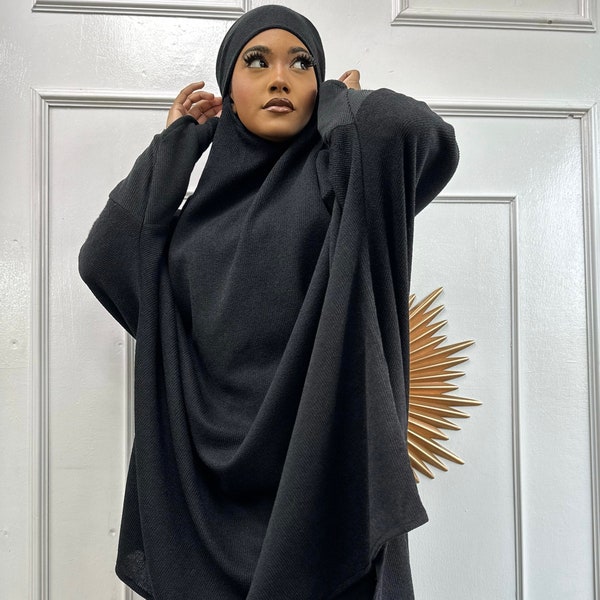 Warm Knit Jilbab with Mittens - 2 piece skirt set (Black)