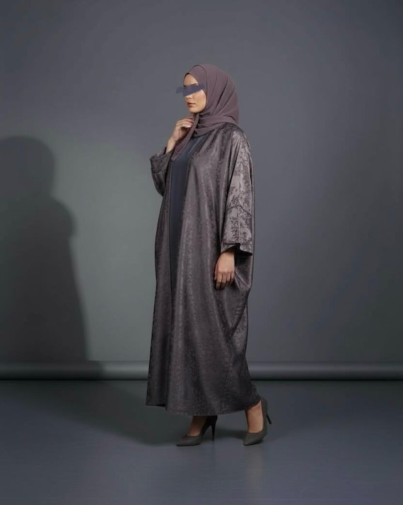 Eid Three-Piece Silk Jacquard Set: Cherry Tree Patterned Abaya, Inner Dress & Hijab (Mauve)