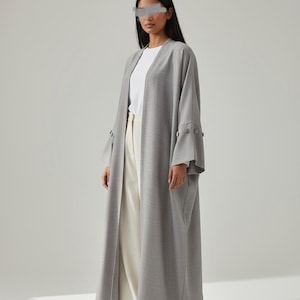 Minimalist Grey Linen Abaya | Button Sleeve Design (No Inner Dress)