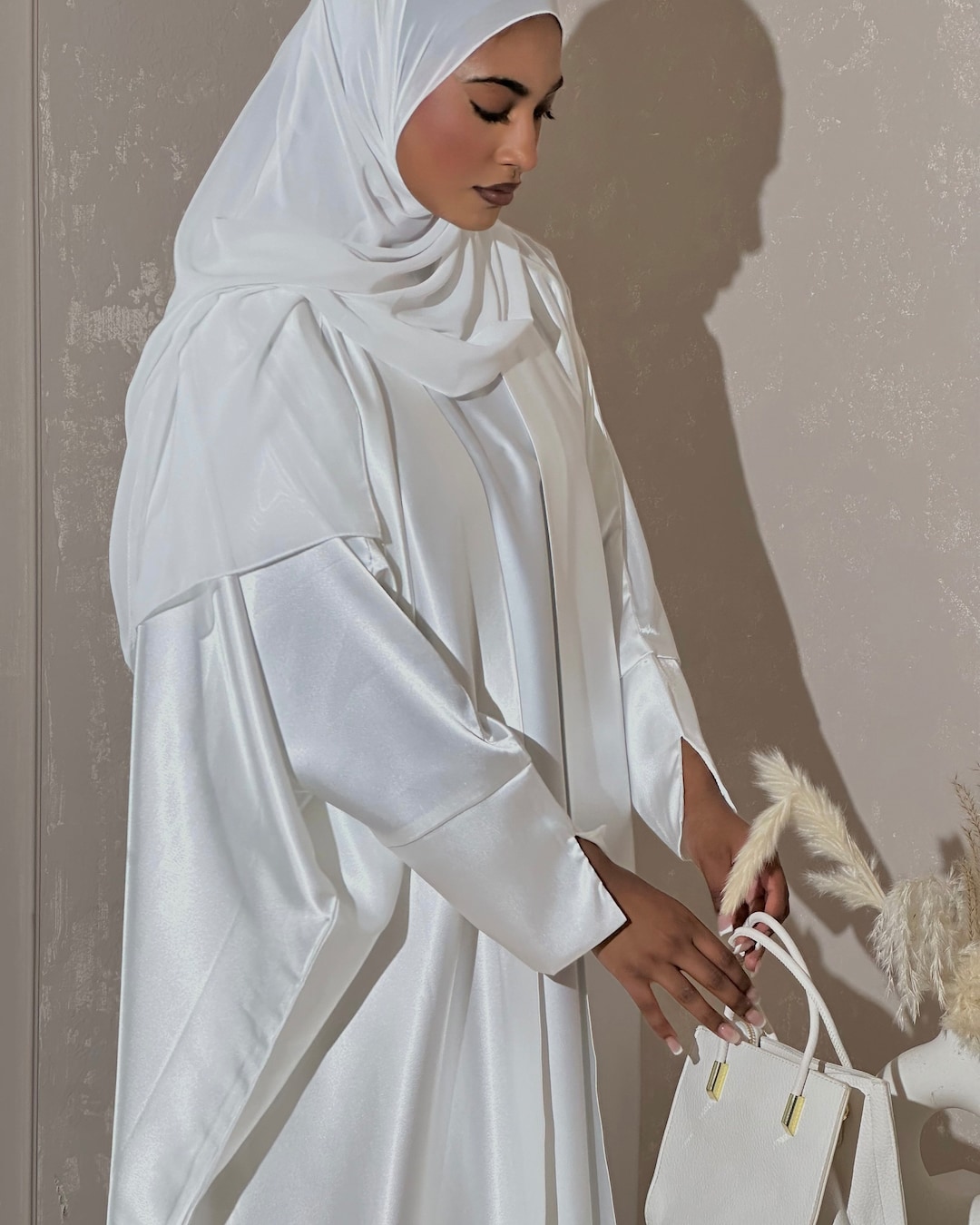 Buy Off-white Satin Abaya Set: Butterfly Abaya, Inner Dress